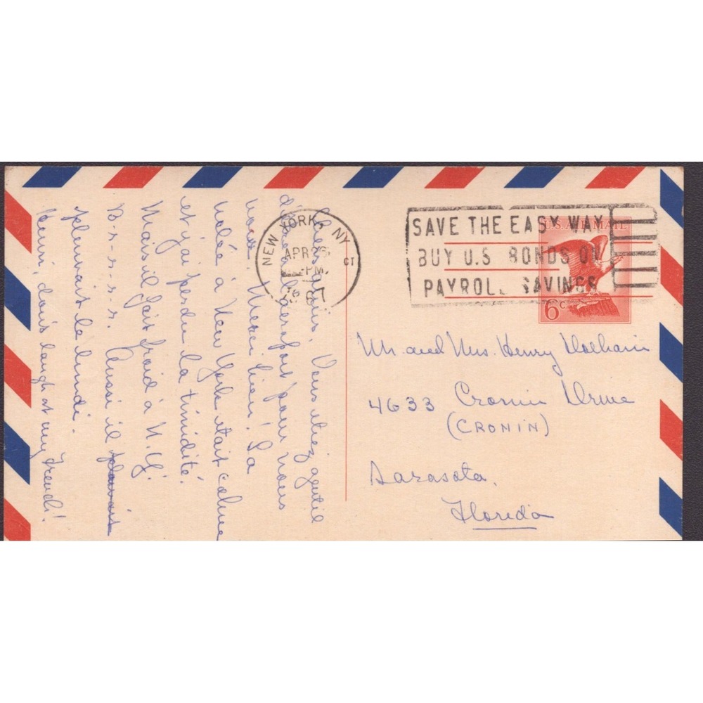 Vintage 1968 NYC Airmail Envelope 6c FDR Stamp Handwritten Letter Sarasota FL - Picture 1 of 2